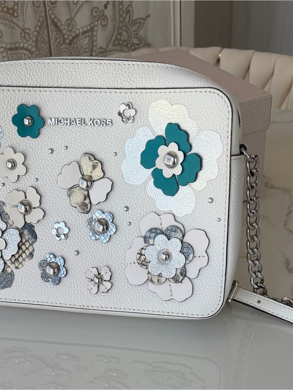 MICHAEL Michael Kors White Crossbody with Teal Floral Appliqués